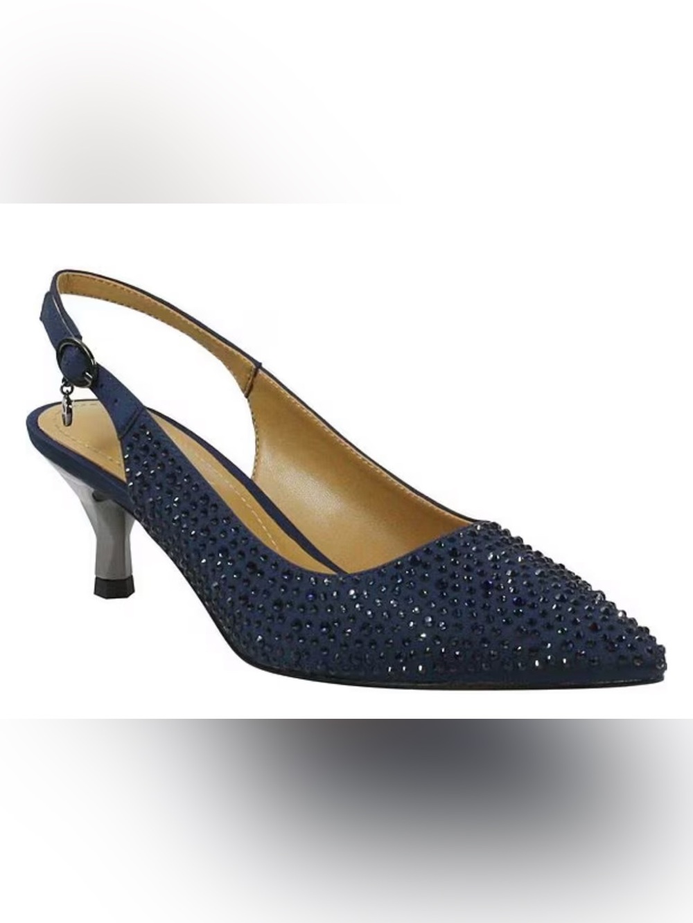 J. Renee Ferryanne Rhinestone Slingback Kitten Heels Navy Blue Satin 7W NWOT
